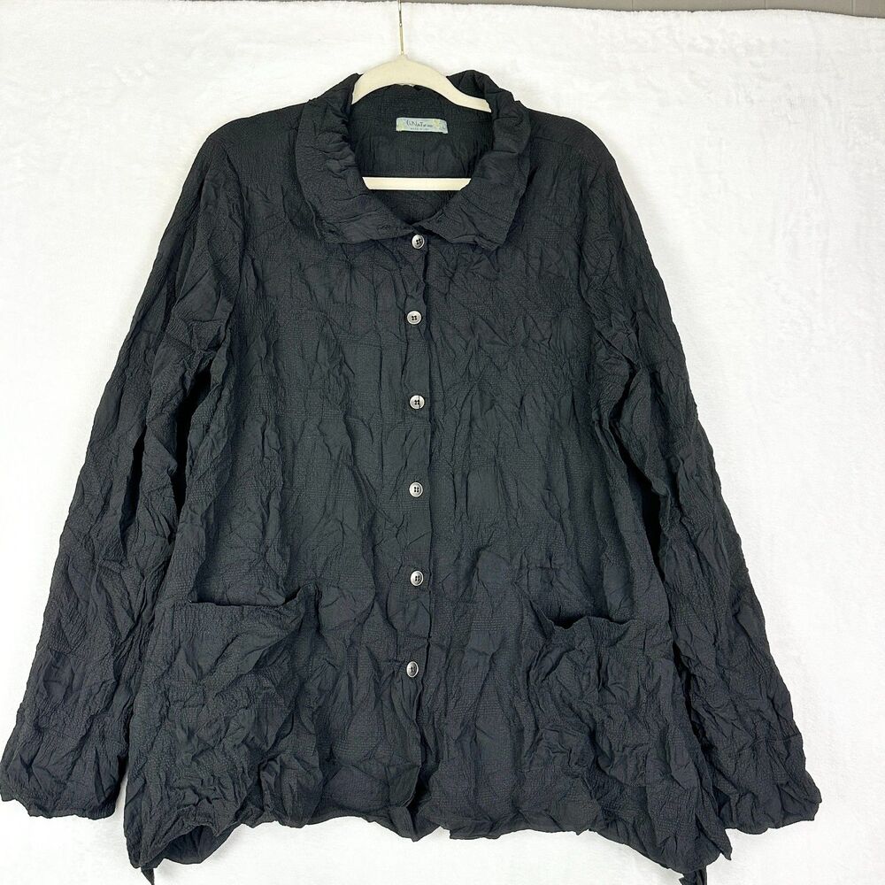 Chalet Et Ceci Button Up Crinkle Tunic Top Size Large Black Artsy Lagenlook
